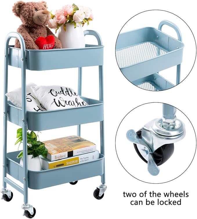 AGTEK Makeup Cart, Movable Rolling Organizer Cart, Grey-Blue 3 Tier Metal Utility Cart-NeatNest