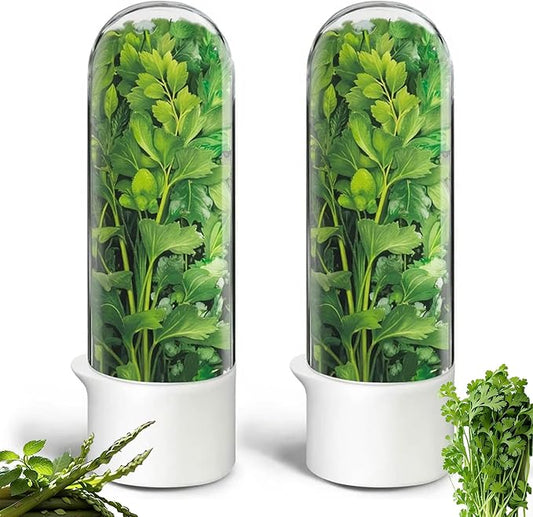 Herb Saver, Herb Keeper for Refrigerator, Cilantro Container for Fridge, Fresh Herbs Lettuce Vegetable Preservation Bottle Keeper Parsley Mint Refrigerator Storage for Fresh for 2-3 Weeks (2PCS)