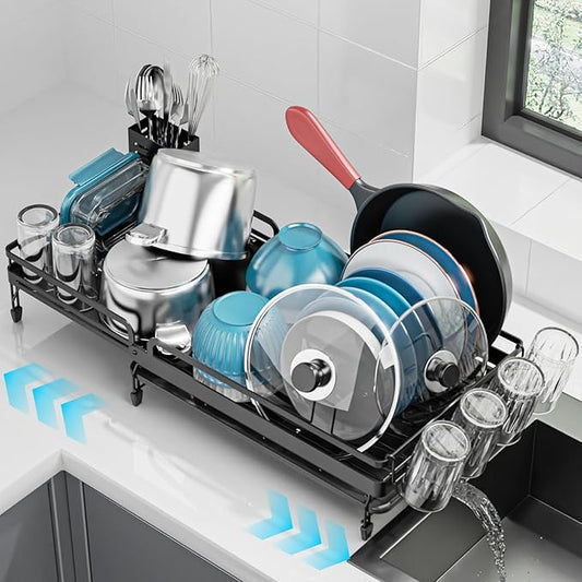 GSlife Large Expandable Dish Drying Rack - Dish Rack for Kitchen Counter with Metal Extension, Large Capacity(16.5" ~ 24.4" L) Dish Drainer with Pan Slots, Cup Holders, Black