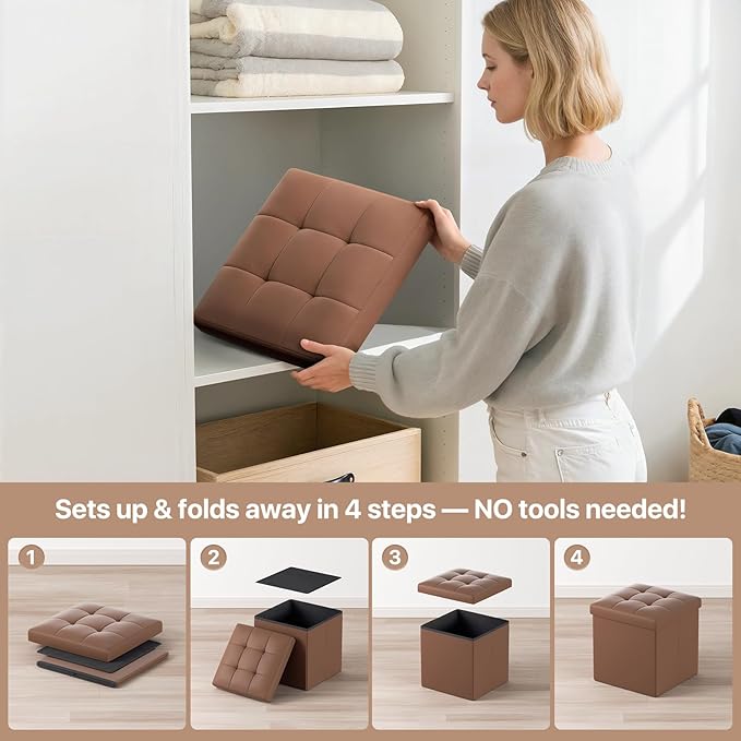 Ottoman Folding Storage Bench, 15x15x15 Inch, Foot Rest Stool for Living Room, Bedroom, Entryway, End of Bed - Multi-Functional Ottoman with Storage Brown