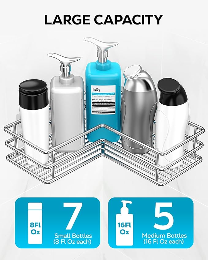 Nieifi Corner Shower Shelves Stainless Steel, Adhesive Shower Caddy Basket Rack with Hooks, Rust Proof for Bathroom Shelf Shampoo Holder (Silver, 2 Pack)