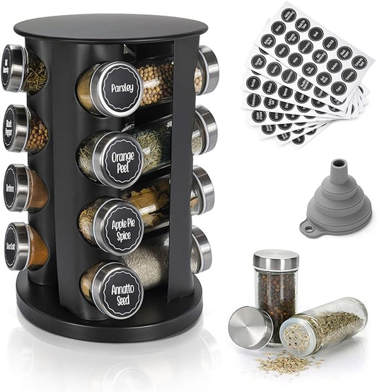 Black Countertop Rotating Spice Rack, 16-Jars Revolving Spice Rack Organizer Tower, 135 Spice Labels with Funnel Complete Set, Seasoning Organizer for Kitchen Countertop, Cabinet-NeatNest
