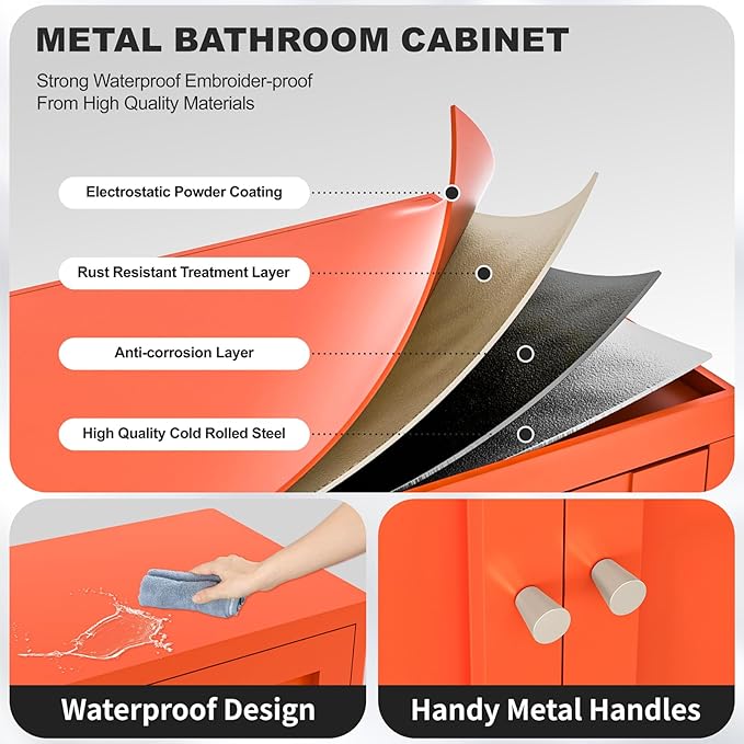 Coffee Bar Cabinet, Metal Sideboard Buffet Cabinet,Metal Storage Cabinet with 2 Doors and Adjustable Shelves for Kitchen Dining Room Living Room, Entryway,Office (Orange, 31.5" H)-NeatNest