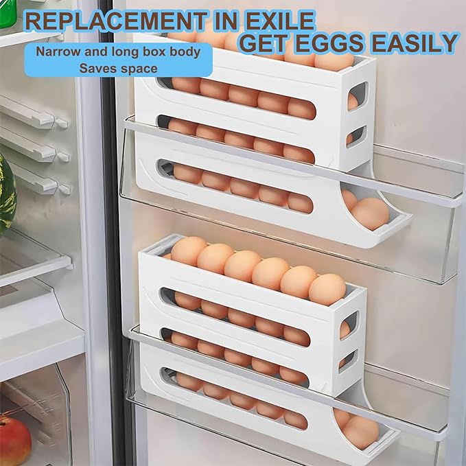 30 Eggs Fridge Dispenser 4 Tier Egg Holder for Refrigerator Countertop Container Large Capacity Auto Rolling Tray Organizer Storage Automatic Distributor Rack Space Saving for Kitchen