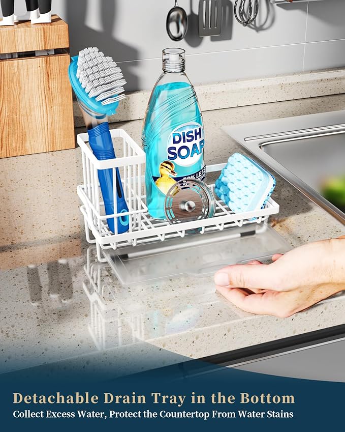 Consumest Sponge Holder for Kitchen Sink - Sink Caddy Organizer with Removable Drip Tray for Countertop Dish Soap Dispenser Brush Storage Kitchen Accessories 304 Stainless Steel, White-NeatNest
