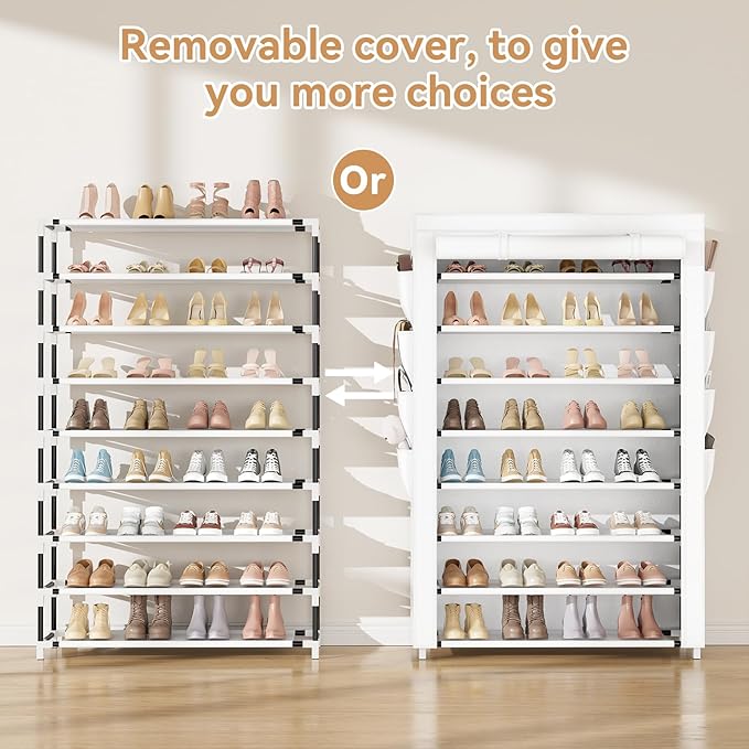 Shoe Rack with Cover, 8 Tier Tall Shoe Organizer Storage for 36-45 Pair Shoes and Boots Large Shoe Storage Shelf Free Standing Shoe Rack for Closet, Front Door Entrance, Dorm, Garage, White-NeatNest
