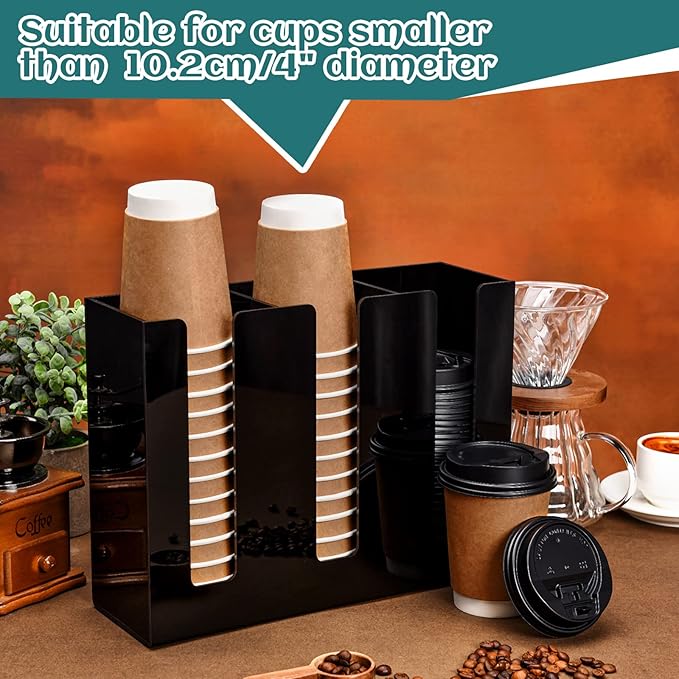 3 Compartments Acrylic Coffee Cup Dispenser Organizer Paper Cup Lid Sleeve Holder Organizer Coffee Shop Supplies Holder Storage for Counter Wall(Black)-NeatNest