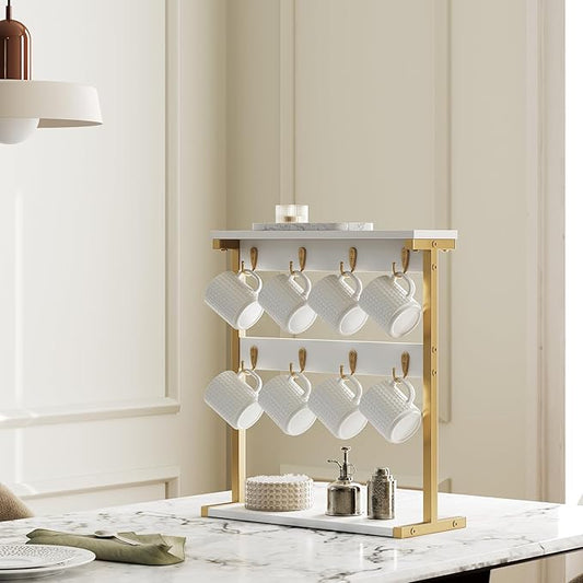 Coffee Mug Holder for Counter, 2 Tier Mug Tree Rack, with 8 Hook and 2 Open Shelves, Vintage Mug Holder Stand for Home Kitchen, White and Gold MH43DW-NeatNest