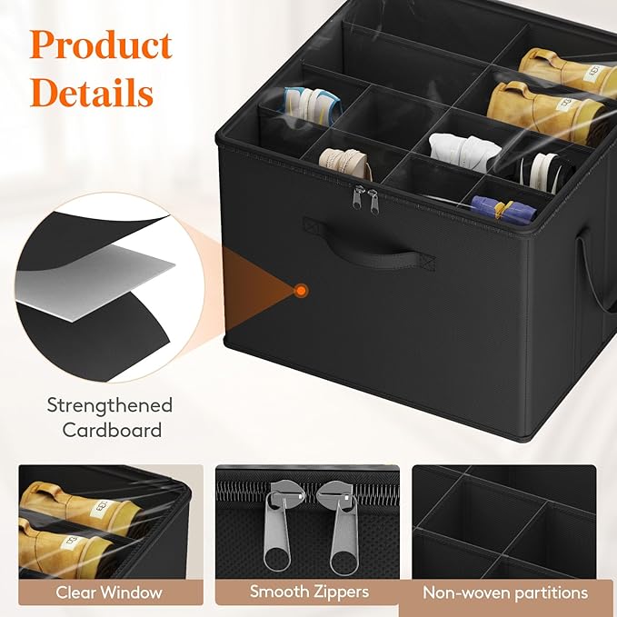 Lifewit Shoe Storage Organizer for Closet, Fits 12-16 Pairs, Large Shoe Box Storage Containers with Clear Cover and Reinforced Handles, Foldable Storage Bins Fit for Boots Heels Sneakers, 3 Pack Black-NeatNest