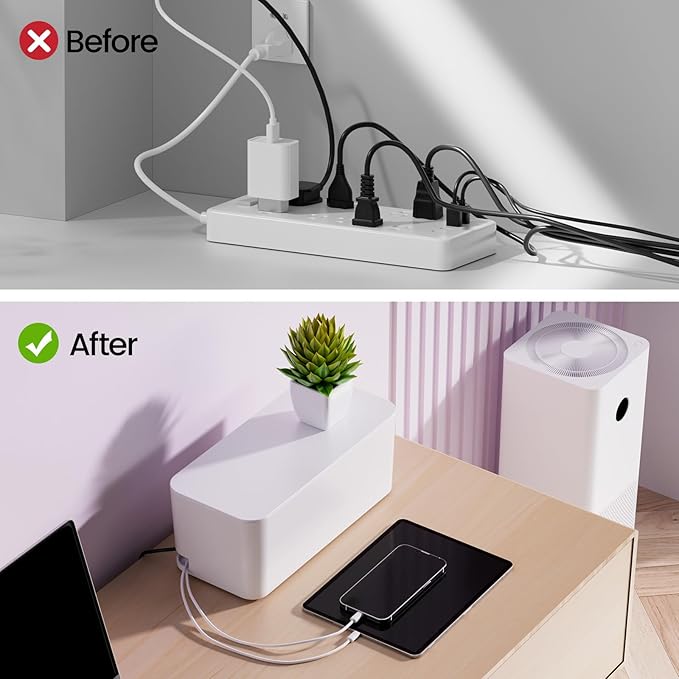 Delamu 2 Pack Cable Management Box, Stylish Cord Organizer for Desk, Pet & Child-Proof ABS Cords Hider Box, Under Desk Cable Box for Computer Router USB Hub & Power Strip, White