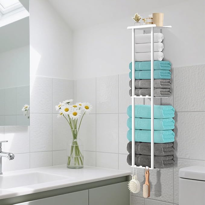 Towel Racks for Bathroom, 36.6 inch Metal Towel Storage, 8 Large Bath Towels Capacity, 3-Tier Towel Holder for Bathroom, with Shelf & 6 Hooks, Wall Mounted Towel Rack for Rolled Towels, White