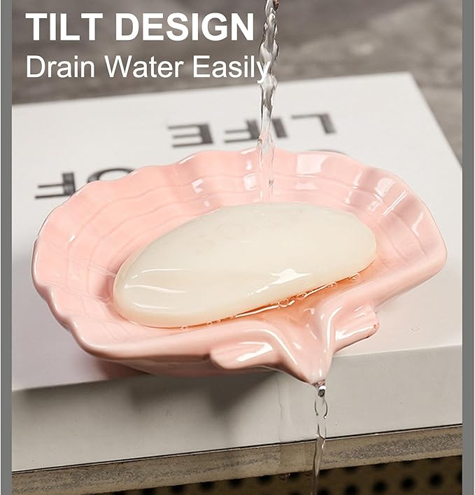 Ceramic Soap Holder, Sea-Shell Soap Tray with Self Draining, Soap Tray for Sink Washroom Bathroom Shower, Small Cute and Elegant Holder with Glaze, Easy Cleaning (Pink)-NeatNest