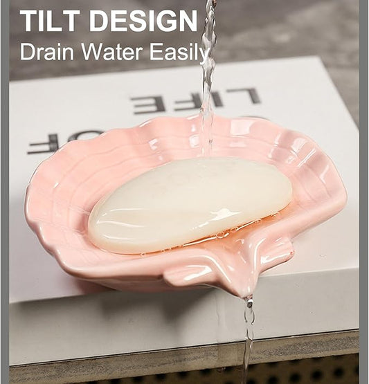 Ceramic Soap Holder, Sea-Shell Soap Tray with Self Draining, Soap Tray for Sink Washroom Bathroom Shower, Small Cute and Elegant Holder with Glaze, Easy Cleaning (Pink)-NeatNest