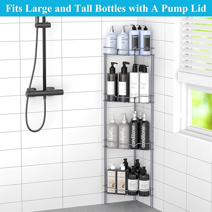 4 Tier Floor Standing Corner Shower Caddy Organizer Shelf with Hooks, Bathroom Shelves Stand Rack, Dark Gray