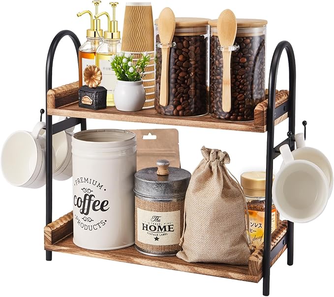 Coffee Bar Accessories, 2-Tier Coffee Bar Organizer with 4 Coffee Cup Holder Hooks, Mul-tifunctional Wooden Beaded Coffee Station Countertop Stand Shelf for Kitchen Home Office-NeatNest