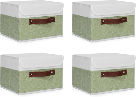 ANMINY 4PCS Storage Boxes with Lid Washable Decorative Storage Bins Basket with PU Leather Handle Foldable Linen Fabric Storage Cubes Containers for Home Closet Organizer - Green White, Small Size-NeatNest
