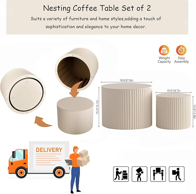 Modern Round Nesting Coffee Table Set of 2, Vertical Stripe Design Drum Coffee Table Cocktail Table, Round Side Table for Living Room, Bedroom, Office, Balcony (E19.7+27.6")