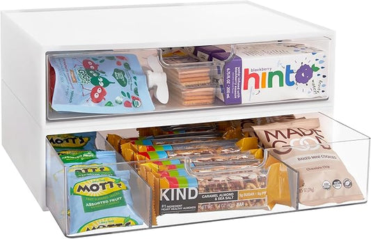 STORi 2 Tier Wide Stackable Kitchen Storage Drawers, White with Clear Bins with Handles, Drawer Organizers for Pantry, Bathroom Undersink, Cabinet Organization and Storage, 2 Drawer Pack, Made in USA-NeatNest