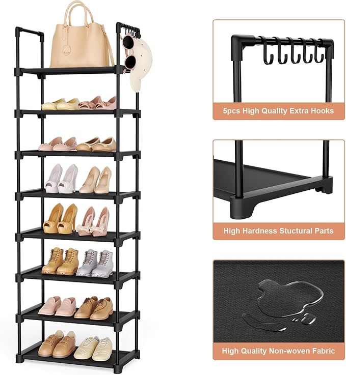 Tall Shoe Rack 8 Tiers, 16-20 Pairs Shoe and Boots Organizer Storage Sturdy Shoe Shelf, Narrow Vertical Shoe Rack for Entryway, Closet, Metal Shoe Organizer with 5 Hooks-NeatNest