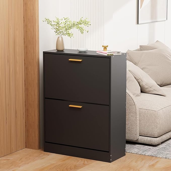 JOZZBY Shoe Cabinet Storage for Entryway, Slim Black Hidden Shoe Organizer Cabinet with 2 Flip Drawers, Wooden Narrow Shoe Rack with 2 Tier Freestanding for Hallway, Living Room-NeatNest