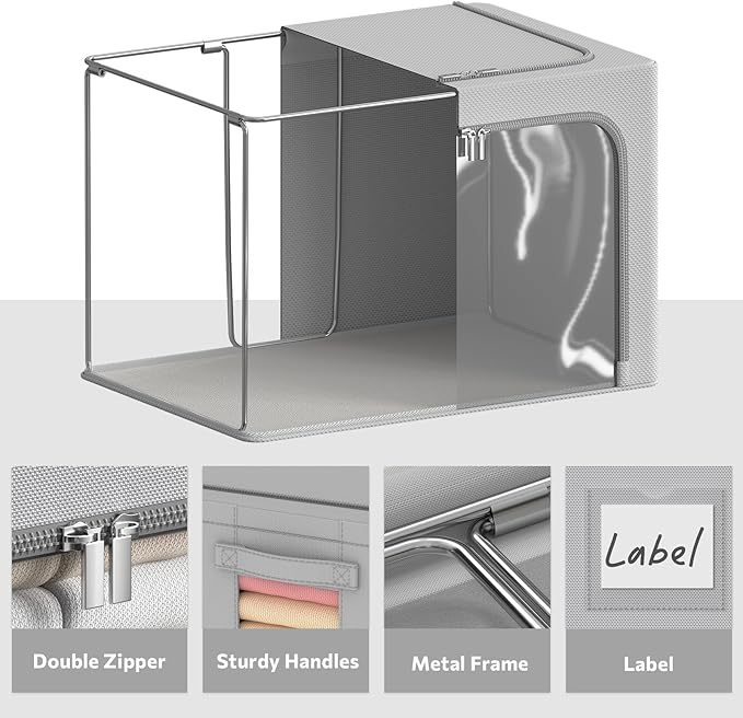 4 Pack Clothes Storage Bins - Oxford Fabric Metal Frame Storage Box - Foldable Stackable Container Organizer Set with Clear Window & Carry Handles & Zippers (Grey, 23.6"x19.7"x15.7")-NeatNest