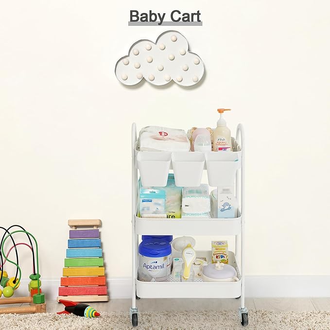 danpinera 3-Tier Rolling Cart, Metal Rolling Storage Cart with Lockable Wheels & Hanging Cups & Hooks, Mobile Trolley Cart for Kitchen, Bathroom, Office, Workshop, White-NeatNest