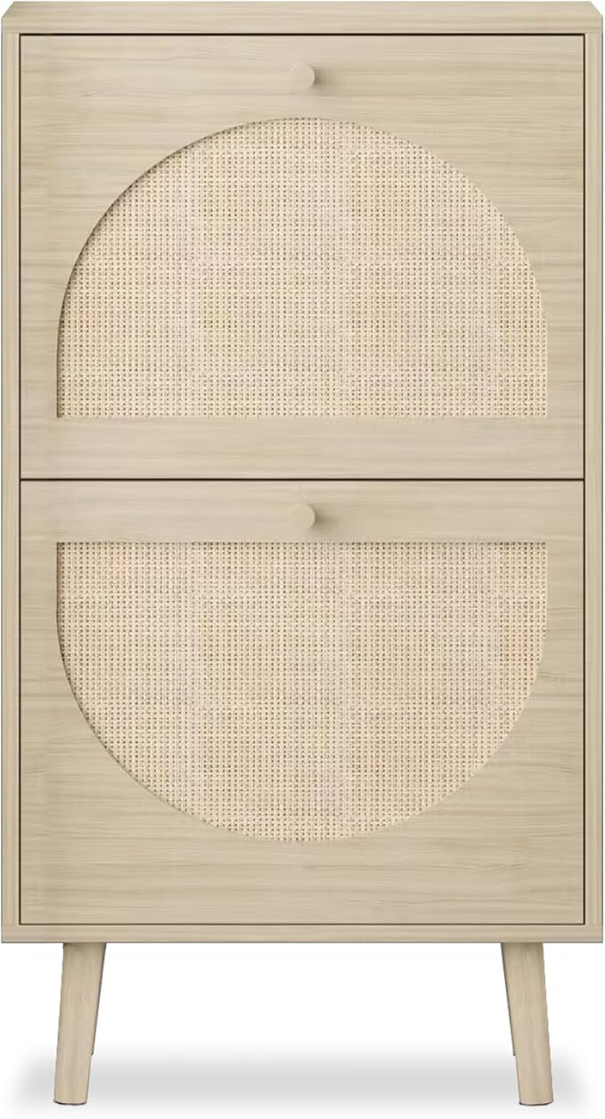 Karl Home Shoe Cabinet with 2 Flip Drawers, 2 Tier Freestanding Organizer, Rattan Storage Cupboard for Entryway, Hallway, Living Room, Natural-NeatNest