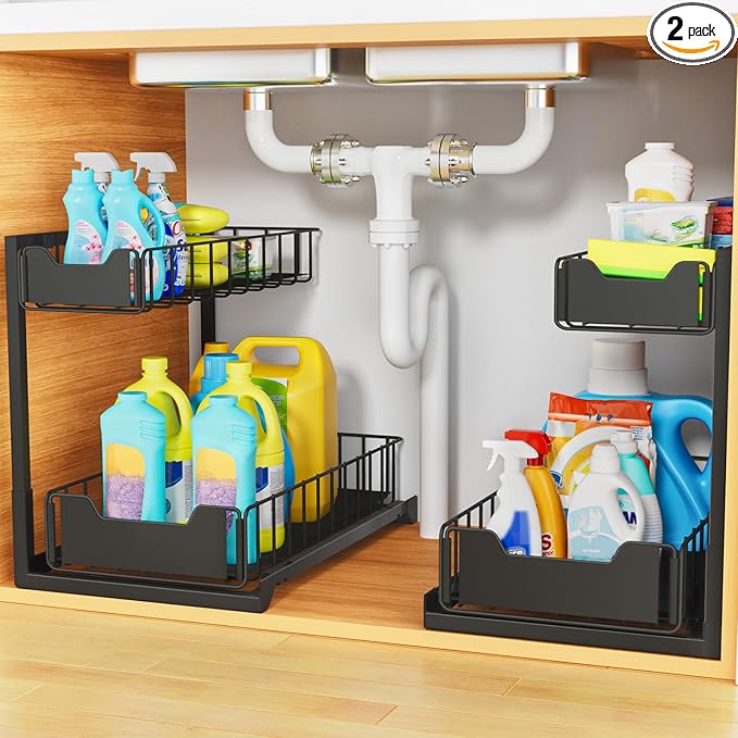 2 Pack Under Sink Organizer - Metal Bathroom Cabinet Organizer, Under Kitchen Sink Organizer and Storage Sliding Drawer for Closet, Laundry & Pantry Storage-NeatNest