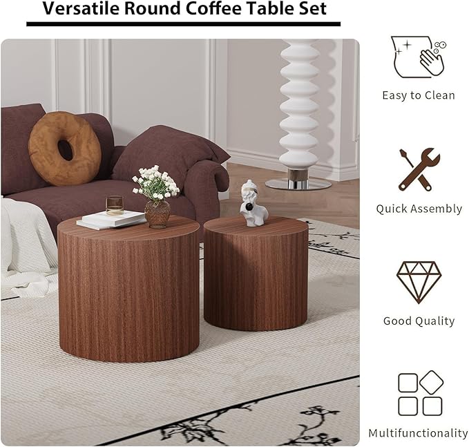 Round Nesting Coffee Table Set of 2 Circle Nested Coffee Tables Modern Walnut Coffee Table Set of 2 Wooden Drum End Side Tables for Living Room Bedroom Small Spaces (Walnut)