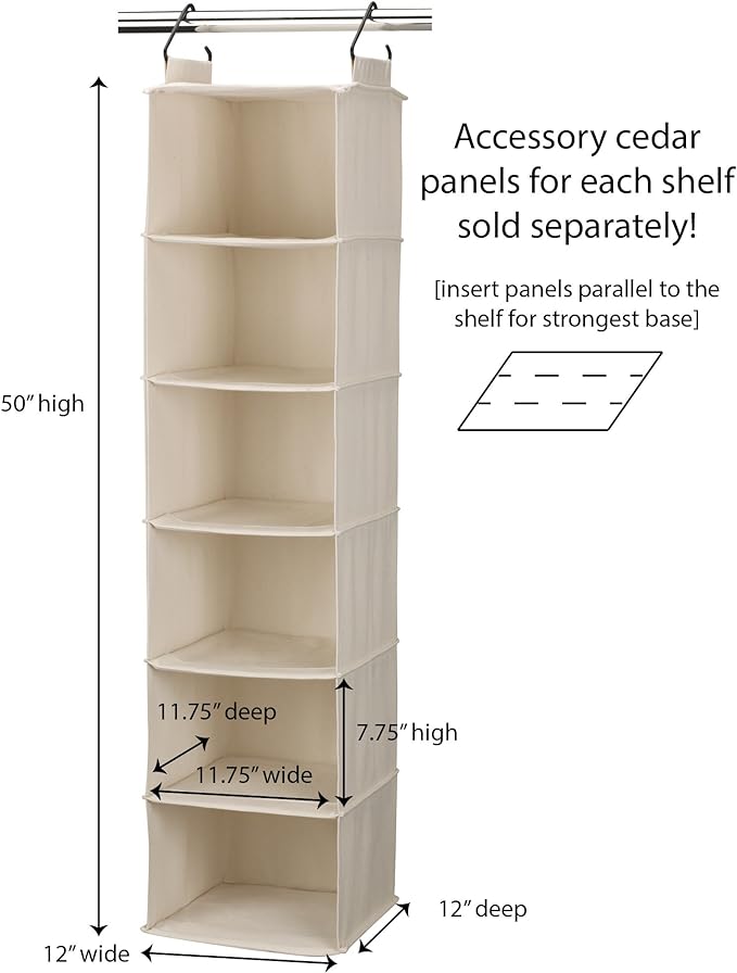 Household Essentials Cedarline 6-Shelf Hanging Closet Organizer, Heavy-Duty Cotton Canvas, Breathable, Versatile, Compact, Perfect for Rod or Wire Closets, Natural-NeatNest