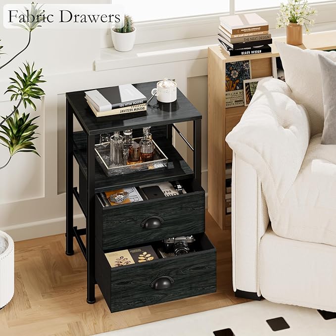 Furologee Nightstands Set 2, End Tables with 2 Fabric Drawers, Bedside Tables with Hooks and Shelf, Side Tables for Bedroom/Living Room/Study/Black Oak