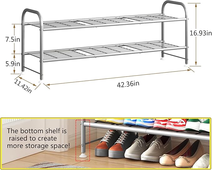 LINZINAR Shoe Rack 2 Tier Storage Organizer for Closet Entryway Metal Grey-NeatNest