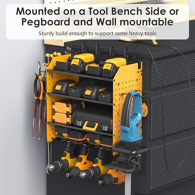 CCCEI Modular Pegboard Rack Power Tool Organizer with Charging Station. 4 Layer Wall Mount Drill Holder, Yellow Tool Battery Charger Organizer. Garage Shop Storage Utility Shelf with Power Strip.-NeatNest