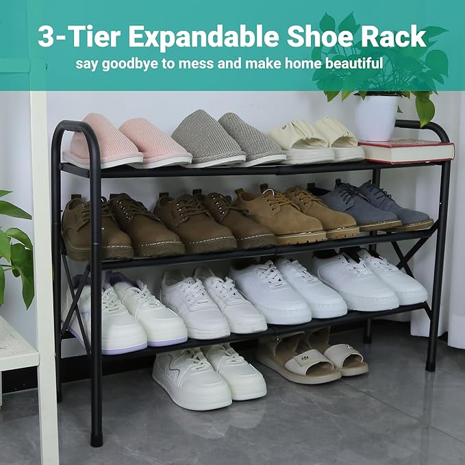 Shoe Rack for Small Closet, Black Shoe Organizer, Metal Adjustable Shoe Stand for Entryway Closet Doonway-NeatNest