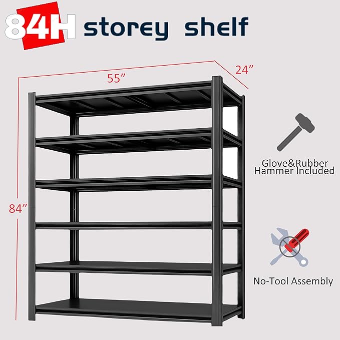 6-Tier 55" W x 24" D x 84" H Garage Shelving 3500LBS Storage Shelves Heavy Duty Metal Shelf Unit Adjustable Basement Industrial Storage Racks (6T-84 * 55 * 24)-NeatNest