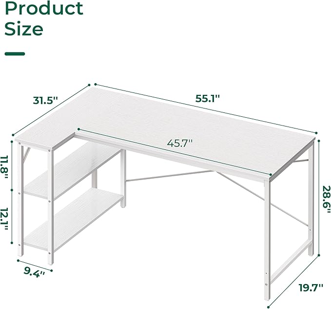 Huuger L Shaped Desk, 55 Inches Computer Desk with Reversible Storage Shelves, for Gaming Corner Home Office Writing Study, Metal Frame, White-NeatNest