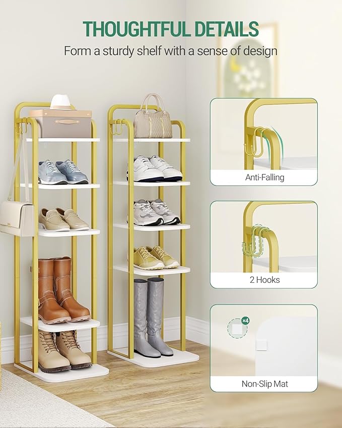 6 Tiers Vertical Shoe Rack, Narrow Shoe Tower, Tall Shoes Shelf with 2 Hooks, Adjustable Shelves, Corner Shoes Shelves for Small Spaces, Entryway, Living Room, White Gold SR04213A-NeatNest