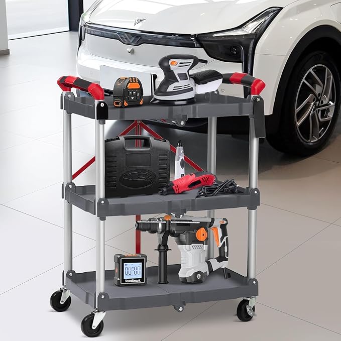 Folding Service Cart Collapsible 3 Tier Cart Portable Utility Service Cart with Wheels Aluminum Lightweight Push Cart for Office Warehouse, Home, Bar