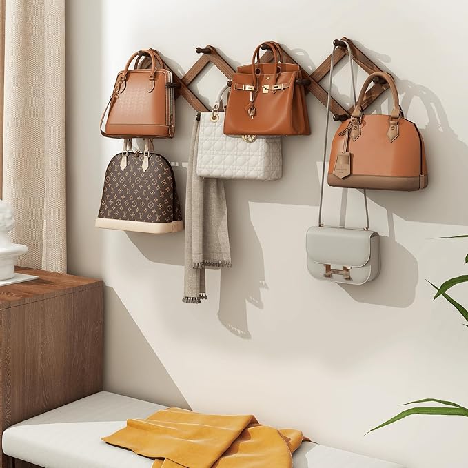 Homode Vintage Wood Expandable Peg Rack- Multi-Purpose Accordion Wall Hangers with 13 Hooks for Hats, Coat, Mugs, Scarf, Jewelry Storage-NeatNest