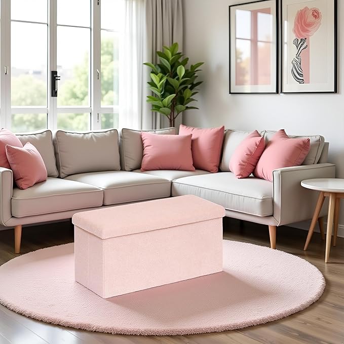 30.1" Storage Ottoman Bench - Foldable Foot Rest Stool Bedroom Bench for Living Room, Entryway-Pink