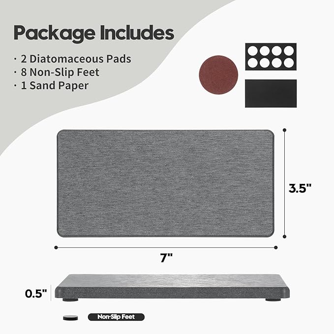 2PCS 7" x 3.5" Water Absorbing Bathroom Sink Vanity Trays, Diatomite Stone Quick Drying Mat for Kitchen Counter, Dish Rack Dispensers Sponge Holder Caddy Organizer, Dark Gray, 7"x3.5"-NeatNest