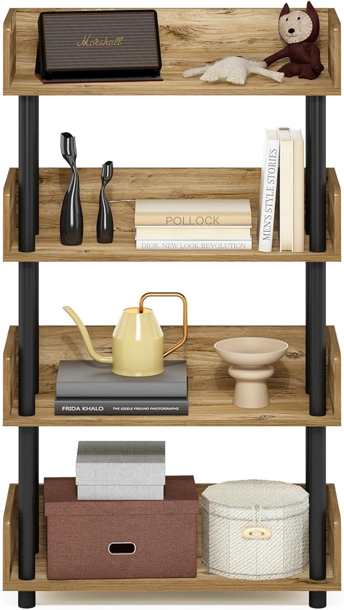 Furinno Turn-N-Tube 4-Tier Multipurposes Display Rack, Open Shelf Rack/Storage with Back & Side Panel, Flagstaff Oak/Black-NeatNest