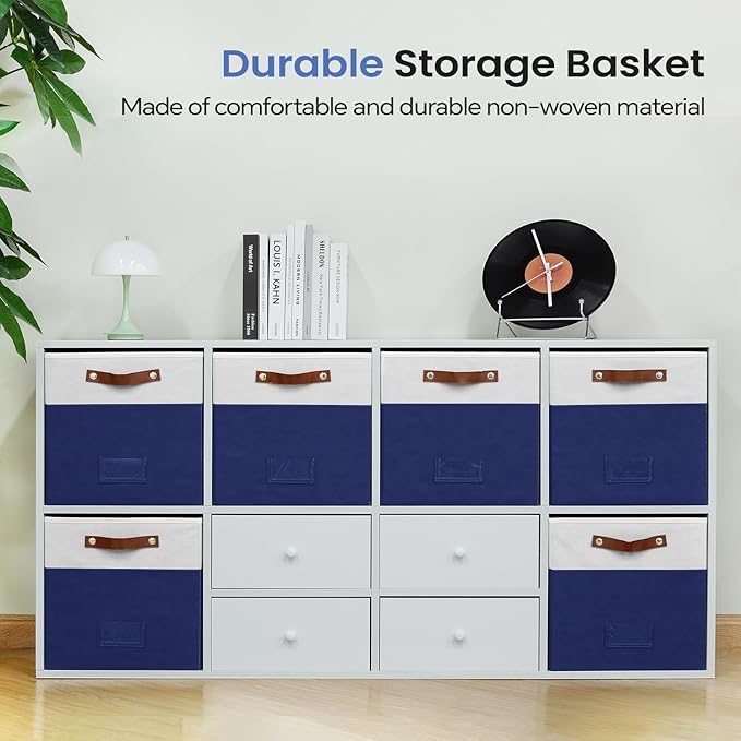 6-Pack Collapsible Fabric Storage Cubes with Handles & Label Holders, Closet Cube Home Organizer Bins (White/Navy Blue, 13 x 13 x 13 inch)