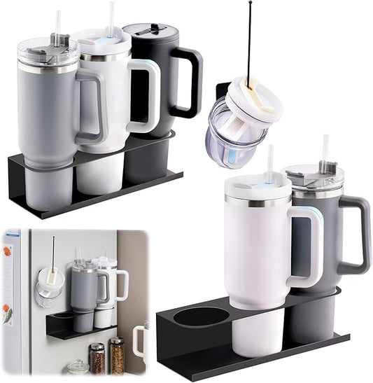 Black 2 Pack Magnetic Cup Holder with Lid Holder (1PC) Fridge for 30 & 40 oz Tumbler - Strong Fridge Mount - Water Bottle Organizer for Metal- No Drill Cup Accessories for Car, Kitchen, Office-NeatNest