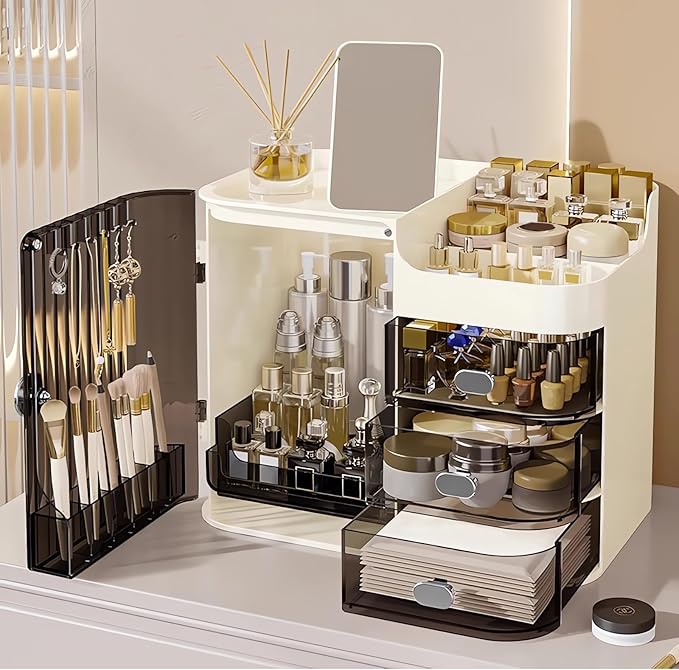 DASITON Makeup Organizer for Vanity,Large Capacity Makeup Storage Organizer with 3-Layer Drawers and Mirror,Cosmetics Display Case Make up Organizers for Vanity,Bedroom,Countertop(Black-Cream)
