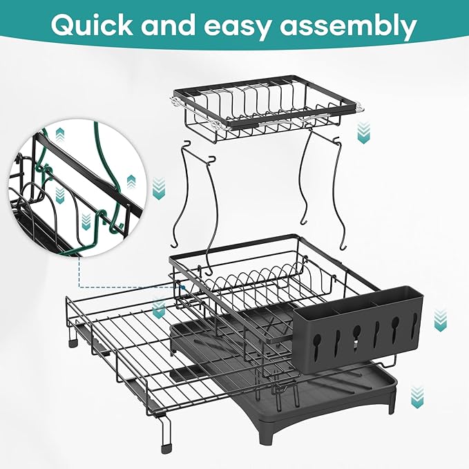 Dish Drying Rack for Kitchen Counter, Extendable Dish Rack with Drainboard, Kitchen Countertop 2 Tier Dish Drying Rack, Expandable Dish Strainer with Cutlery Holder, Removable Cutlery Holder（Black）