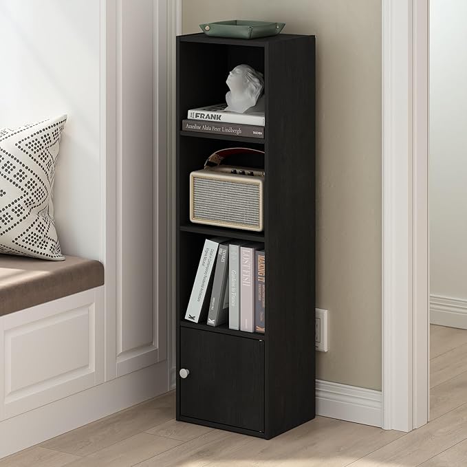 Furinno Luder Shelf Bookcase with 1 Door Storage Cabinet, Blackwood-NeatNest