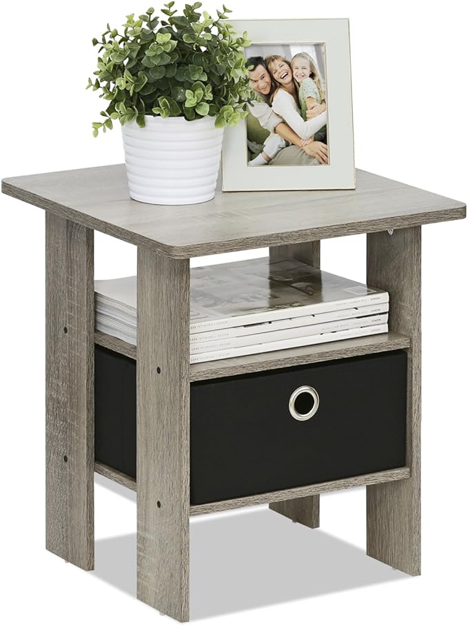 Furinno Andrey End Table / Side Table / Night Stand / Bedside Table with Bin Drawer, French Oak Grey/Black