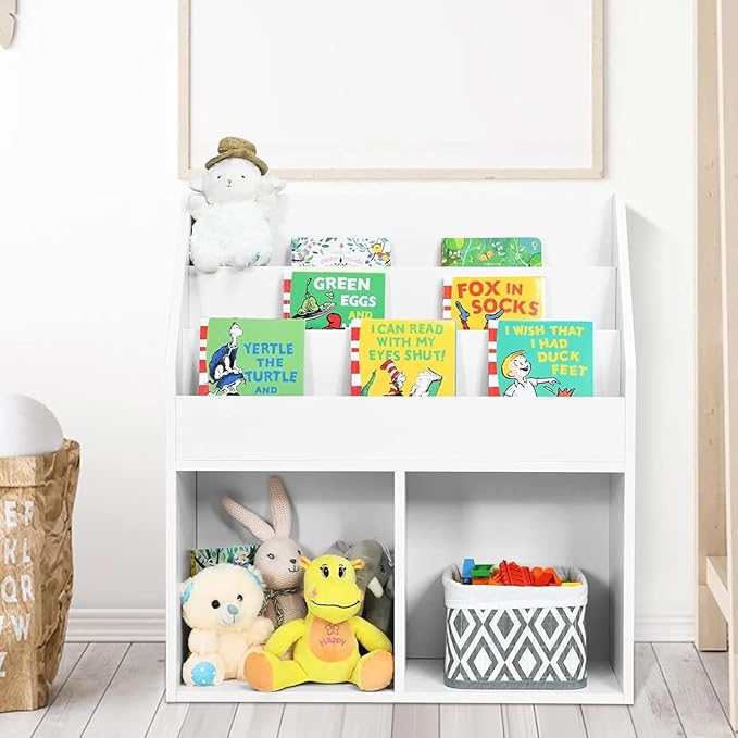 Costzon Kids Bookshelf, Wooden Toy Storage Cabinet Organizer w/Shelves, 2 Large Cubes & Anti-Tipping Devices, Children Bookcase Display Sling Book Rack for Kids Room, Nursery, Kindergarten (White)-NeatNest