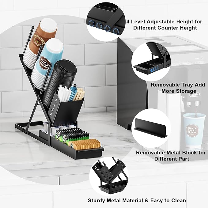 Cup and Lid Holder with Straw Organizer Coffee Station Organizer, Metal Cup Dispenser 5 Compartment Coffee Cup Holder for Coffee Bar Accessories, Disposable Paper Cups, Plastic Cups, Lids-NeatNest